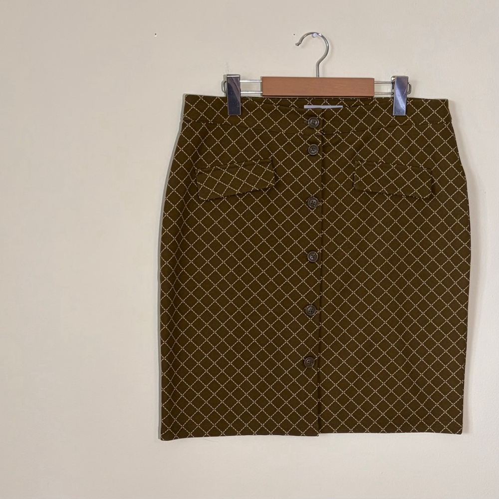 ICHI Women’s Olive Green & cream Diamond Print Button-Front Pencil Skirt L - Picture 4 of 7